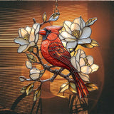 Vivid Cardinal Floral Tiffany Art Acrylic Suncatcher Stained Glass Effect Window Car Hanging Christmas Ornament Indoor Outdoor Decor Garden Sun Catcher Panel for Cardinal Lover for Women Mom Grandma