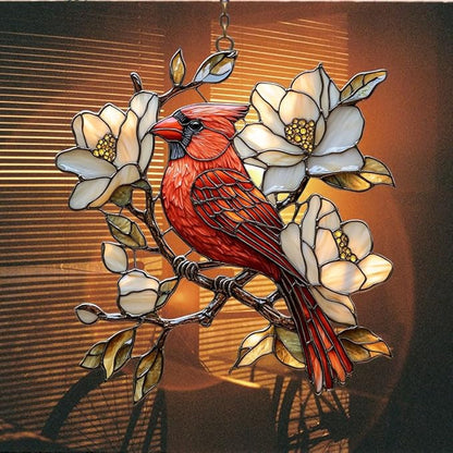 Vivid Cardinal Floral Tiffany Art Acrylic Suncatcher Stained Glass Effect Window Car Hanging Christmas Ornament Indoor Outdoor Decor Garden Sun Catcher Panel for Cardinal Lover for Women Mom Grandma