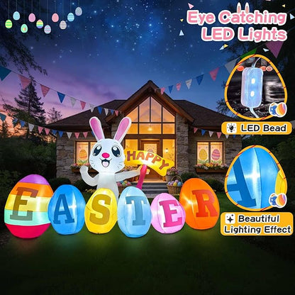 7FT Long Easter Inflatables Outdoor Decoration Inflatable Bunny with Happy Easter Built in LED Lights Bunny Blow Up Yard Decoration for Lawn Garden Holiday Party(with Storage Bag)