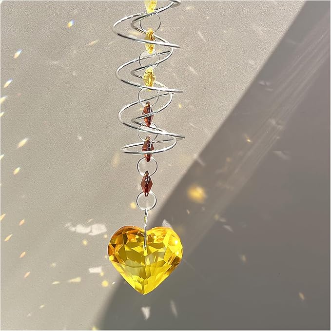 Big Heart Crystal Sun Catchers for Windows Hanging, Double-Spiral Design Gazing Ball Spiral Tail, Rainbow Maker Prism, Sun Catchers Indoor Window for Kitchen, Patio, Porch, Garden(Yellow)