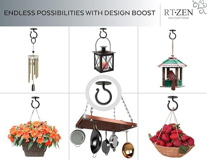 RTZEN Plant Hangers Outdoor or Indoor - Wrought Iron Metal Hanger Indoor Hook - Heavy Duty Wall Bracket Hooks for Hanging Plants Baskets Lanterns Wind Chimes - 2 Pack (Large Black Ceiling Hooks)