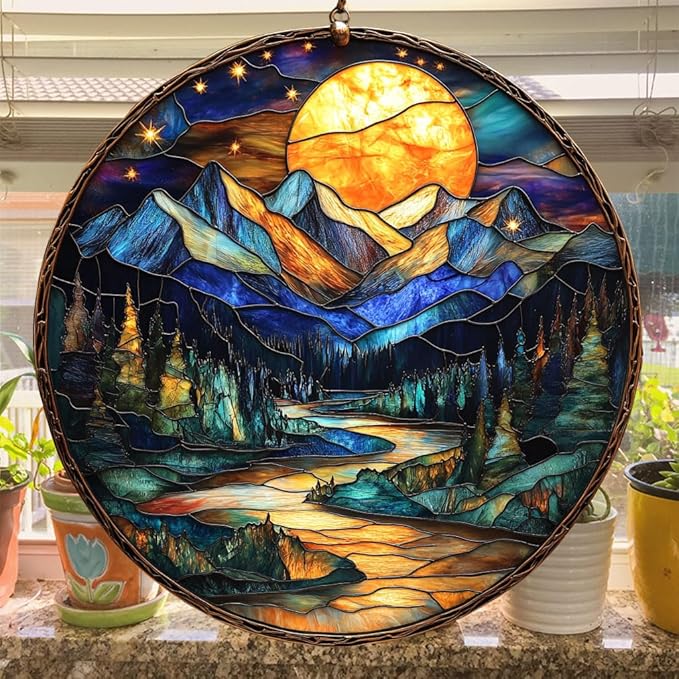 Moutain Range Acrylic Suncatcher Stained Glass Effect Window Car Hanging Christmas Ornament Indoor Outdoor Decor Garden Sun Catcher Panel for Scenery Lover for Women Mom Grandma