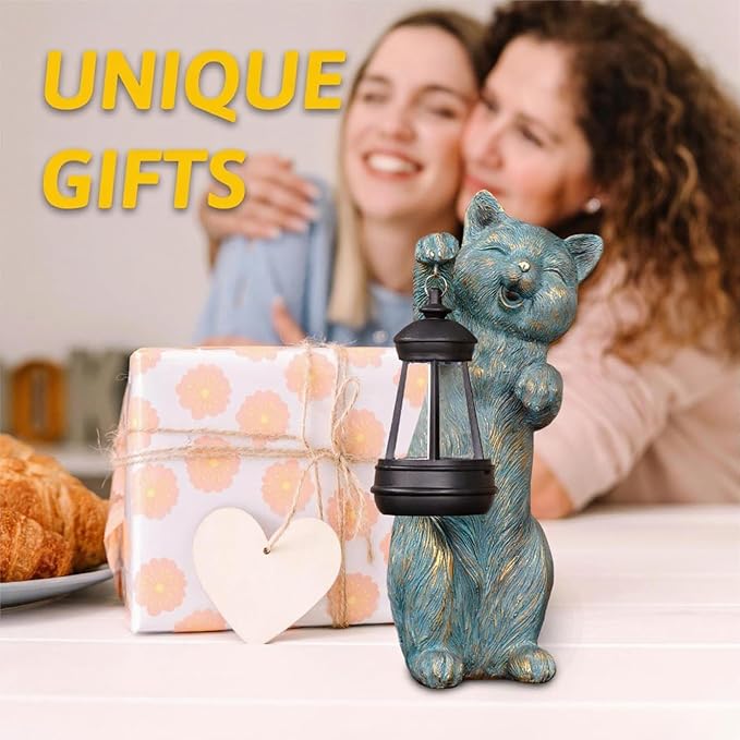 Garden Statue Cat with Solar Lantern Outdoor Decorations Cat Figurine Lights for Outdoor Patio Balcony Yard Porch Lawn for Women Mom Grandma Family Friend
