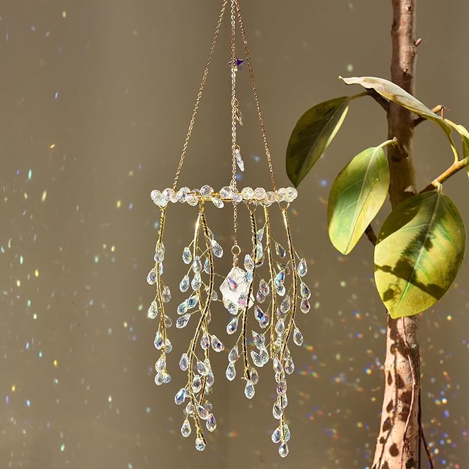 Crystal Hanging Suncatcher with Natural Stone, 16.9 Inch Decorative Wind Chime, Gold Chain & Branch Design (Aurora)