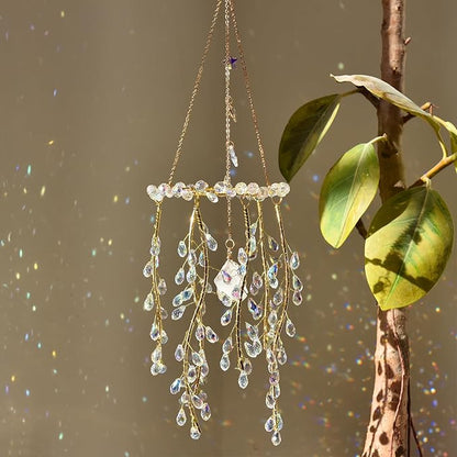 Crystal Hanging Suncatcher with Natural Stone, 16.9 Inch Decorative Wind Chime, Gold Chain & Branch Design (Aurora)
