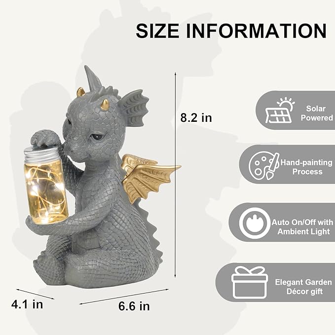 DiliComing Solar Dragon Garden Statues - Cute Dragon Baby Holding a Solar Jar, Outdoor Lawn Décor for Garden Yard, Balcony and Home, for Women
