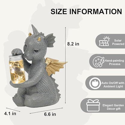 DiliComing Solar Dragon Garden Statues - Cute Dragon Baby Holding a Solar Jar, Outdoor Lawn Décor for Garden Yard, Balcony and Home, for Women
