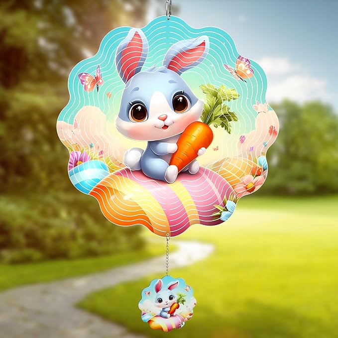MXJSUA Easter Wind Spinners for Indoor Outdoor Garden Decoration, 12 Inch Bunny Stainless Steel Hanging Wind Spinners Ornaments Crafts for Gifts