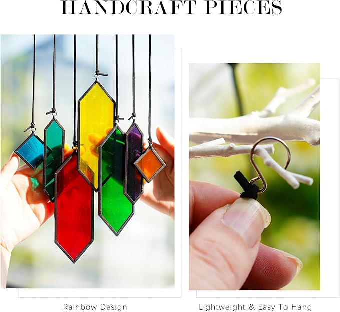 HDCRYSTALGIFTS Set 7 Sun Catchers Stained Glass Decor Gift,Stained Glass Window Hanging Suncatchers with Hooks Rainbow Maker Home Garden Glass Ornaments for Christmas Tree
