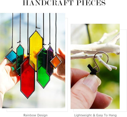 HDCRYSTALGIFTS Set 7 Sun Catchers Stained Glass Decor Gift,Stained Glass Window Hanging Suncatchers with Hooks Rainbow Maker Home Garden Glass Ornaments for Christmas Tree