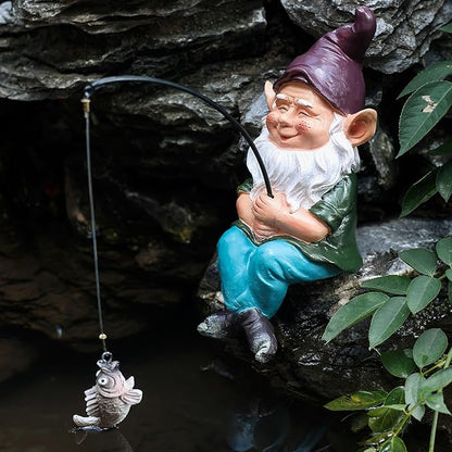 Fishing Gnome Outdoor Statue Garden Decor, Garden Gnomes Decoration for Yard, 9.7” Fishing Gnomes Statue Outdoor Garden Decor, Fishing Guy for Waterfalls or Koi Pond Decor, Gifts for Women