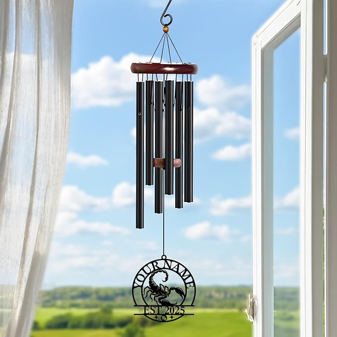 Personalized Customize Name 12 Zodiac Signs Wind Chime, Metal Iron 37 Inch Outdoor Memorial Gift for Garden Yard Patio Home Decor, Black (Scorpio)