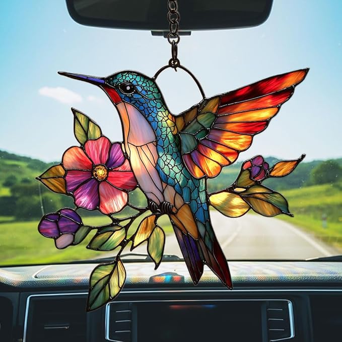 Flowers and Hummingbird Acrylic Suncatcher Stained Glass Effect Window Car Hanging Christmas Ornament Indoor Outdoor Decor Garden Sun Catcher Panel for Hummingbird Lover for Women Mom Grandma