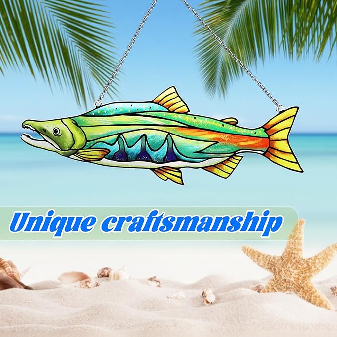 Stained Glass Suncatchers for Windows, Salmon Hanging Sun Catchers Indoor Window, Theme Birthday Gifts for Fishing Lovers