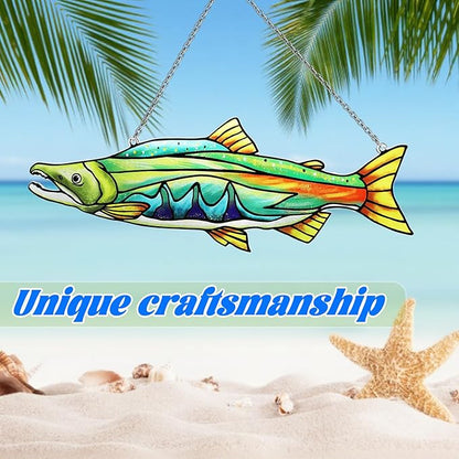 Stained Glass Suncatchers for Windows, Salmon Hanging Sun Catchers Indoor Window, Theme Birthday Gifts for Fishing Lovers