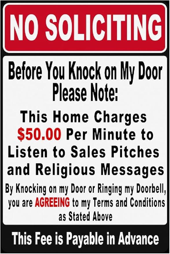 Funny No Soliciting Sign, Metal Warning Tin Signs, Before You Knock on My Door Please Note, Yard Sign Garage Farm Garden Wall Decor Sign Plaque Outdoor for Home Fence 8 X 12 Inches