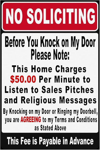 Funny No Soliciting Sign, Metal Warning Tin Signs, Before You Knock on My Door Please Note, Yard Sign Garage Farm Garden Wall Decor Sign Plaque Outdoor for Home Fence 8 X 12 Inches