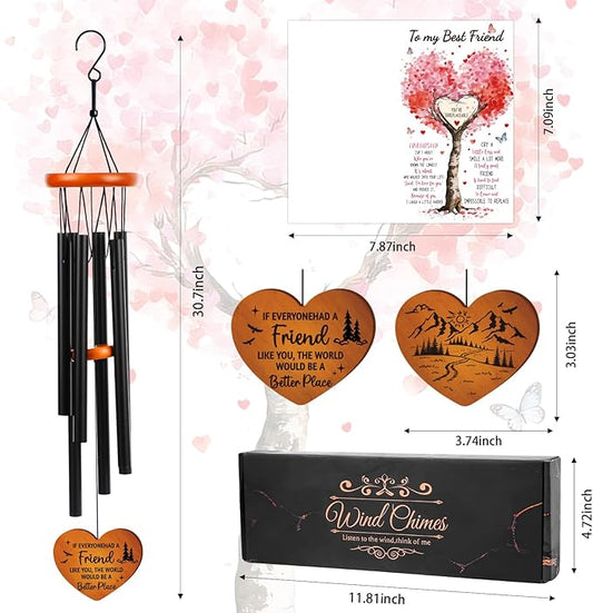 Wind Chimes for Outside for Women - 25.5" Friendship Wind Chime with Wood Plaque & Greeting Card Outdoor Garden Decor for Birthday Christmas BFF Bestie Gifts
