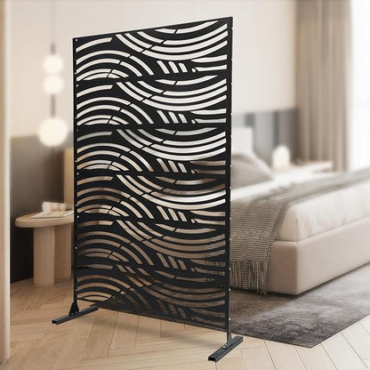Metal Privacy Screen, 72" H x 44" W Freestanding Privacy Screens, Patio Decorative Metal Fence Panels with Stand, Portable Divider Screens, for Backyard/Patio/Deck (Black-Wave, 72''H×44''W)