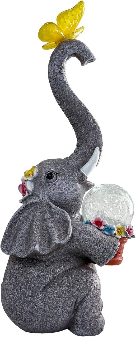BeePeep Solar Elephant Garden Statues Decor Waterproof Figurine Resin Sculpture Gift for Mom Grandma, Outdoor Decorations for Porch Lawn Yard Home House Gardening Birthday Housewarming (Elephant)