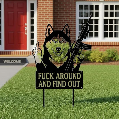 F Around & Find Out Dog Sentry Metal Dogs Silhouette Garden Stake with Middle Finger &Weapon Sign, FAFO Security Sign Middle Finger Dog Statue Decor for Outdoor Yard Patio (Husky, 6 * 12")