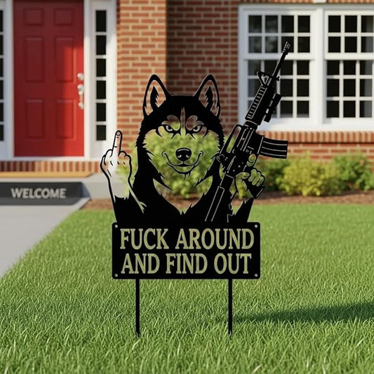 F Around & Find Out Dog Sentry Metal Dogs Silhouette Garden Stake with Middle Finger &Weapon Sign, FAFO Security Sign Middle Finger Dog Statue Decor for Outdoor Yard Patio (Husky, 6 * 12")