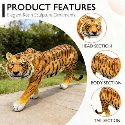 15.75" H x 33.46" L x 7.87" W Large Tiger Statue for Garden, Outdoor Sculpture, Animal Decor for Yard Porch Entryway Patio Living Room, Resin (Large, Tiger)
