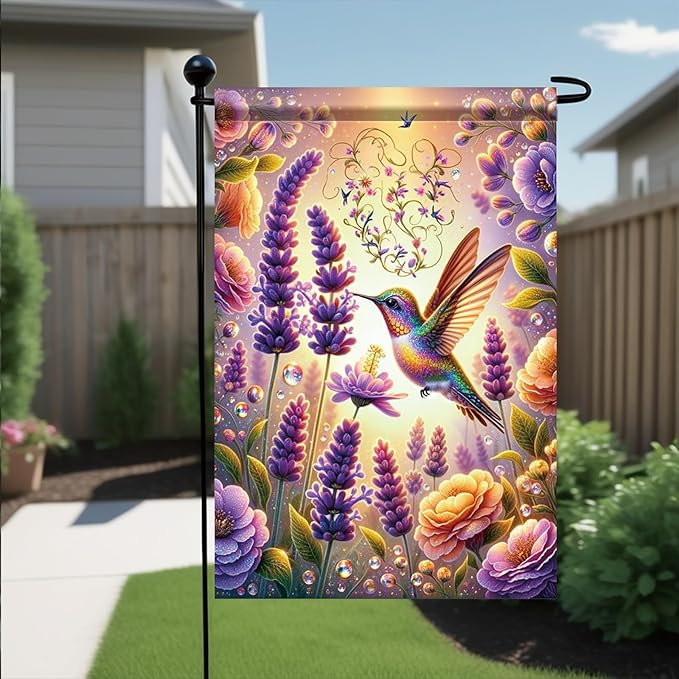 Hummingbird Garden Flag 12x18 Inch Double-Sided Floral Yard Banner Outdoor Spring Summer Decoration Colorful Lavender Flowers Butterflies Yard Outdoor Flag