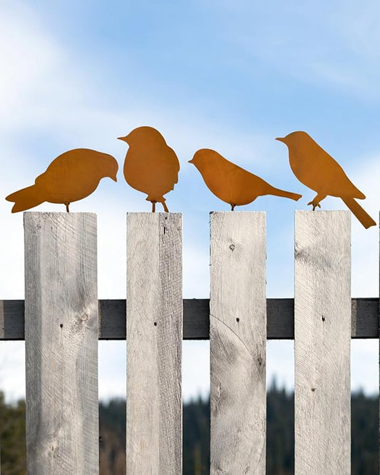 4 Pcs Rusty Metal Birds, Lifelike Patina Bird Decoration for Garden Sculptures and Yard Art, Silhouette Decor, Fence Decorations Outdoor