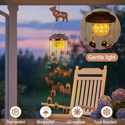 French Bulldog Solar Wind Chimes for Outside,Metal Dog WindChimes with Cracked Glass Lights,Hanging Solar Lights Outdoor,Yard,Patio,Garden,Porch Decor