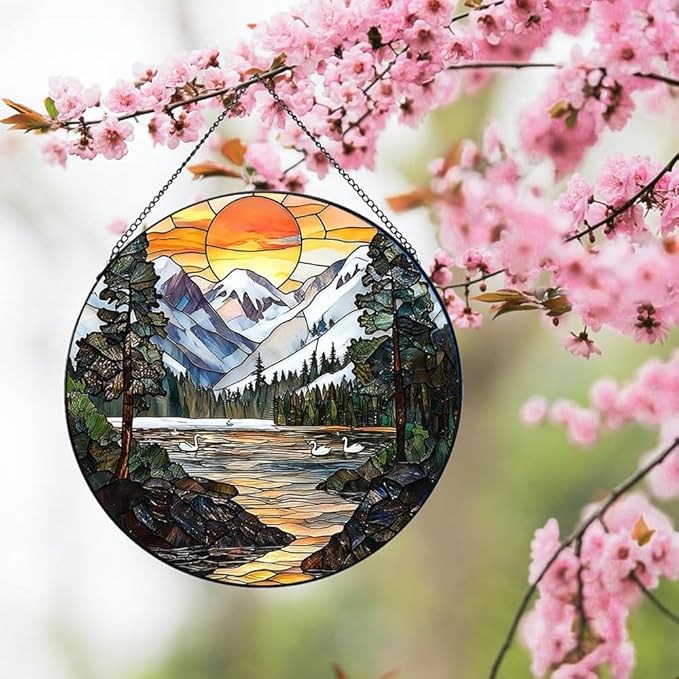 Stained Glass Window Hanging, Sunset Mountains and Lakes Landscape Suncatcher for Window Doors Garden Home Decoration, Glass Panel Ornaments for Women,Men,Wife, Lovers, and Mom 7.8×7.8 in