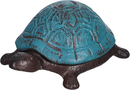 GLEAVI Cast Iron Turtle Key Hider Box Outdoor Garden Statue Hidden Extra Key Holder Sea Blue Vintage Tortoise Trinket Box for Patio Yard