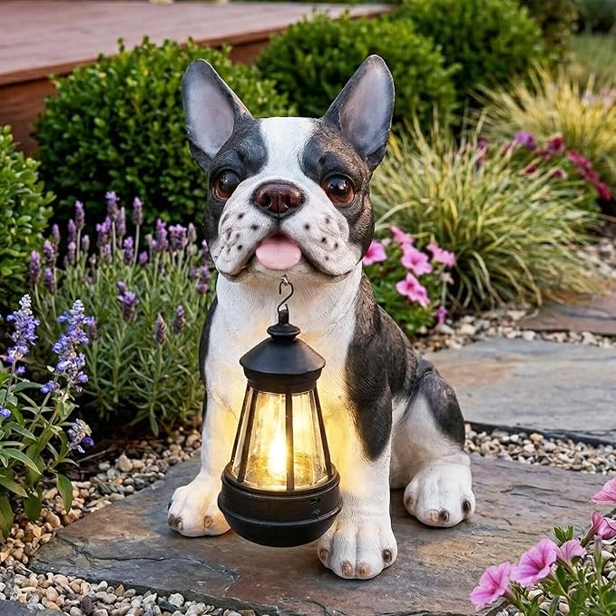 French Bulldog Statue with Solar Lantern & Double-Sided Sign, 10.6" Outdoor Dog Garden Sculpture, Waterproof Resin Frenchie Yard Art for Patio, Lawn, Porch Decoration, Gifts for Dog Lovers