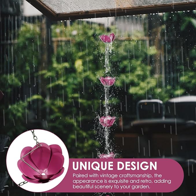Gutter Chain, Rain Chain for Gutter, Downspout Decorative Metal Rain Catcher Diverter with Hook for Outside Windowsill Garden Patio Courtyard (Purple)