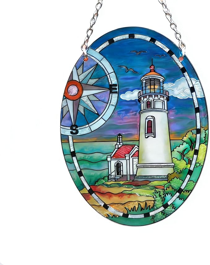 Lighthouse Garden Suncatcher for Window, Elliptic Stained Glass Window Hanging Memorial Gift Stained Glass Birthday Gift for Mom Sun Catchers Window Home Garden Christmas Party Wedding Decor (G)
