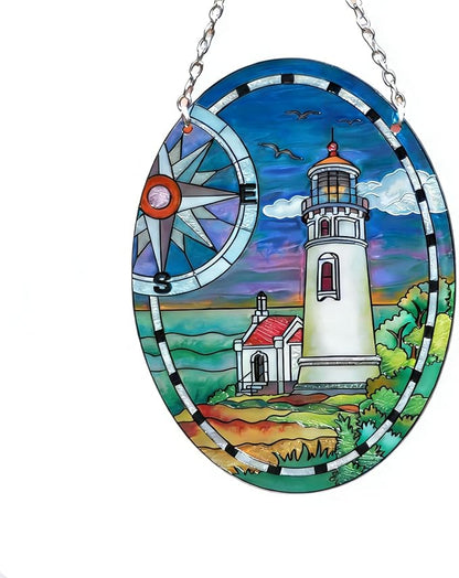 Lighthouse Garden Suncatcher for Window, Elliptic Stained Glass Window Hanging Memorial Gift Stained Glass Birthday Gift for Mom Sun Catchers Window Home Garden Christmas Party Wedding Decor (G)