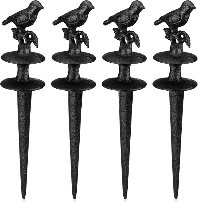 MorningRo 4 Pcs Garden Hose Guide Spike 12 Inch Heavy Duty Metal Hose Support Spike Aluminum Decorative Garden Stakes Protector to Keeps Flower Beds Plant Yard Lawn (Bird)