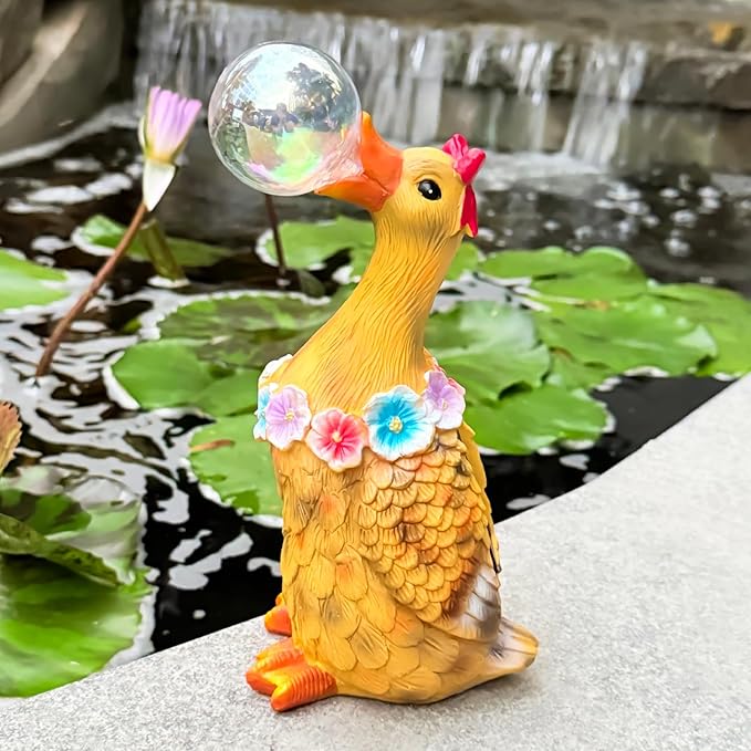 Solar Garden Duck Statue with LED Lights, Waterproof Outdoor Decor for Patio Lawn Yard, Cute Resin Duck Ornament with Unique Bubble Design, Ideal Gift for Women Mom-Orange
