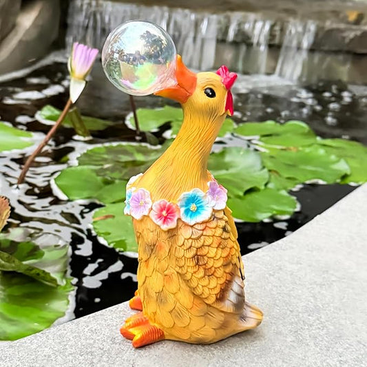 Solar Garden Duck Statue with LED Lights, Waterproof Outdoor Decor for Patio Lawn Yard, Cute Resin Duck Ornament with Unique Bubble Design, Ideal Gift for Women Mom-Orange