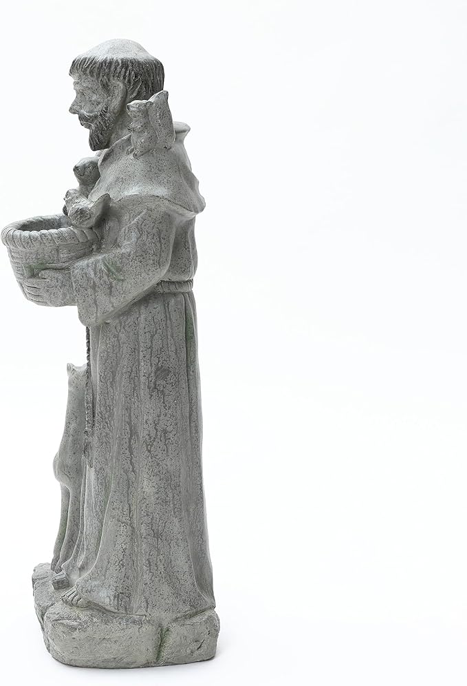 LuxenHome Outdoor St. Francis Statues, 27.6" Saint Francis of Assisi MgO Garden Statue with Animal & Birdbath Bowl, Religious Statues for Patio Yard Home Decor, Outdoor Garden Sculptures