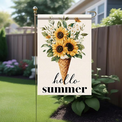 Hello Summer Garden Flag Sunflower Ice Cream Floral Outdoor Yard Porch Lawn Garden Decor for Rustic Farmhouse Cottage Patio Seasonal Summer Home Display