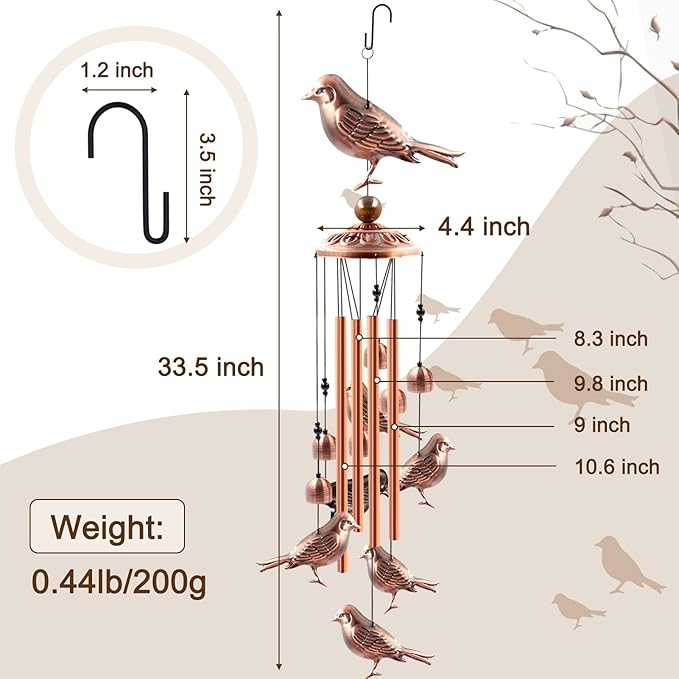 Wind Chimes Outdoor Clearance, Ukulork Birds Aluminum Tube Windchime with S Hook,Patio Garden Decor, Housewarming Gift.