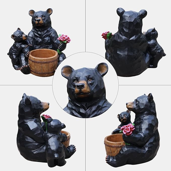 Black Bear Garden Statue Planter, Waterproof Outdoor Resin Animal Flower Pot, Yard Lawn Patio Decor, Front Porch Ornament Housewarming Gift(Mother and Baby Black Bear)