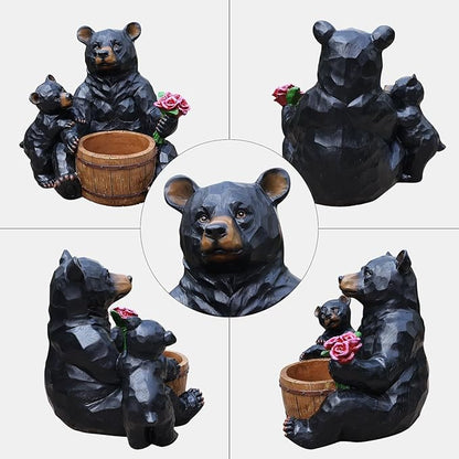 Black Bear Garden Statue Planter, Waterproof Outdoor Resin Animal Flower Pot, Yard Lawn Patio Decor, Front Porch Ornament Housewarming Gift(Mother and Baby Black Bear)