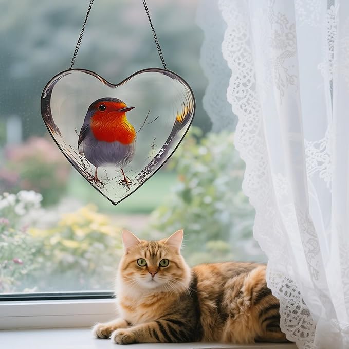 Heart Shaped Robin Bird Stained Glass Window Hanging, 9.8'' Sun Catcher Decor with Chain, Suncatchers Indoor Window Glass Gifts for Mom Wife Birds Lovers (Bird)