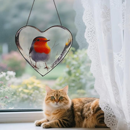 Heart Shaped Robin Bird Stained Glass Window Hanging, 9.8'' Sun Catcher Decor with Chain, Suncatchers Indoor Window Glass Gifts for Mom Wife Birds Lovers (Bird)