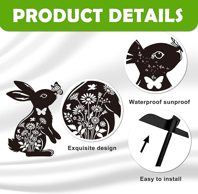 Bunny Garden Decor for Outside - 2 Pcs Rabbit Statue Metal Yard Art Stakes Lawn Patio Pathway Pot Decoration Black Silhouette Sculpture Easter Birthday Gifts for Women Girls Mom Grandma