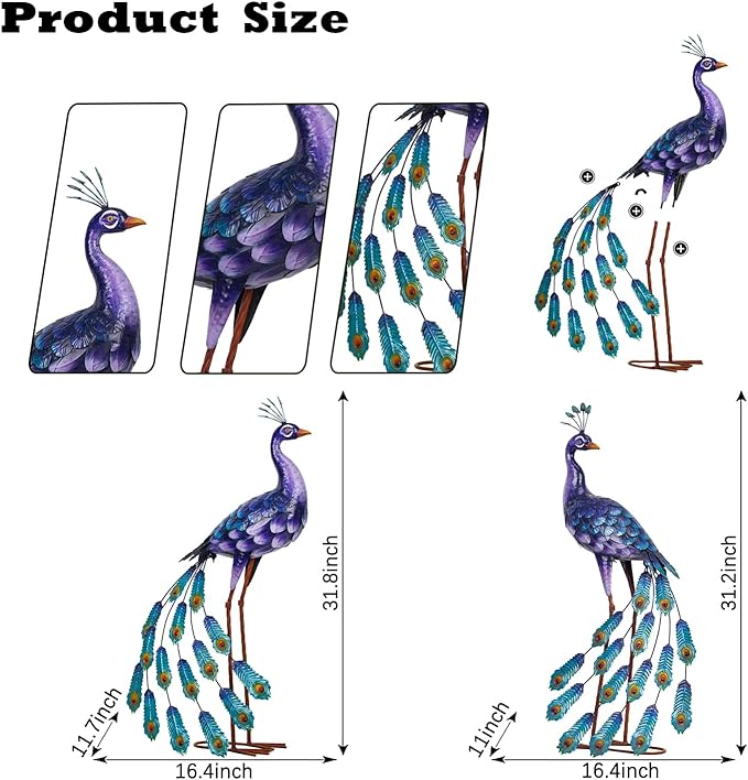 Kircust Purples Peacock Garden Statue and Sculpture, Metal Peacocks Yard Art Lawn Decor, Large Birds Garden Sculptures & Statues for Patio Backyard Pond Home Decoration