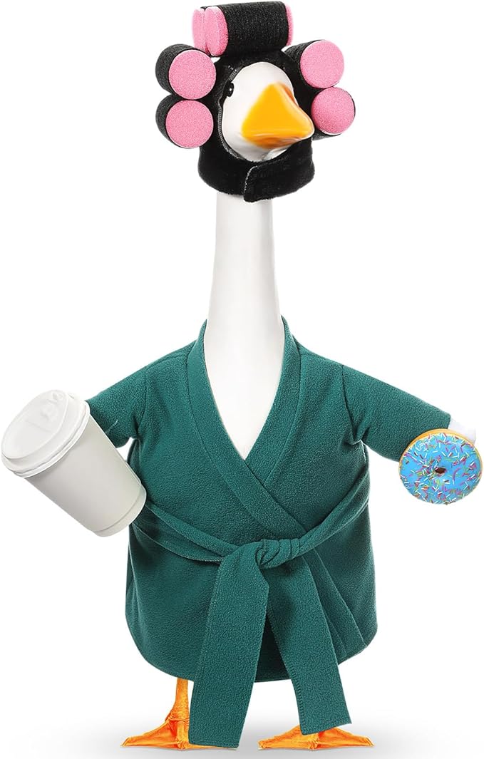 Shyyween Spring Porch Goose Outfit 23 Inch Green Lady Goose Statue Clothes Summer Bathrobe Coffee Cup Curlers for Cement Plastic Lawn Geese Outdoor Garden Yard Patio Decoration
