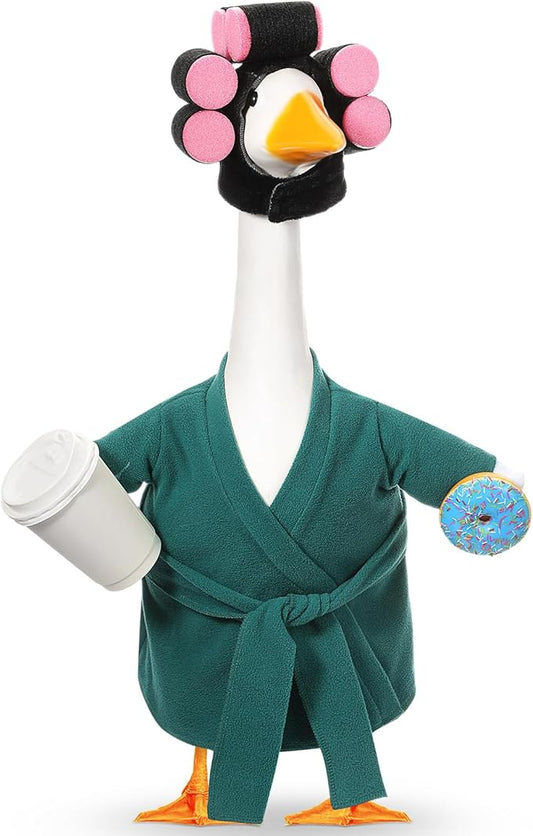 Shyyween Spring Porch Goose Outfit 23 Inch Green Lady Goose Statue Clothes Summer Bathrobe Coffee Cup Curlers for Cement Plastic Lawn Geese Outdoor Garden Yard Patio Decoration